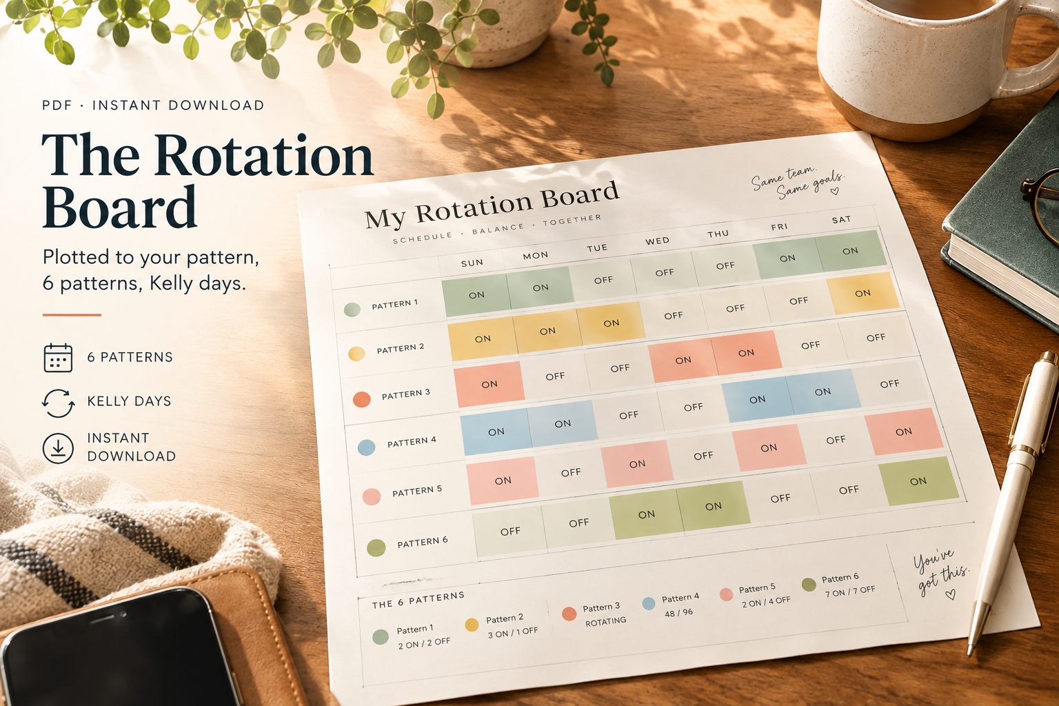 The Rotation Board printable on a sunlit wooden desk, showing six rotation patterns in colored blocks alongside a coffee cup, plant, phone, and pen