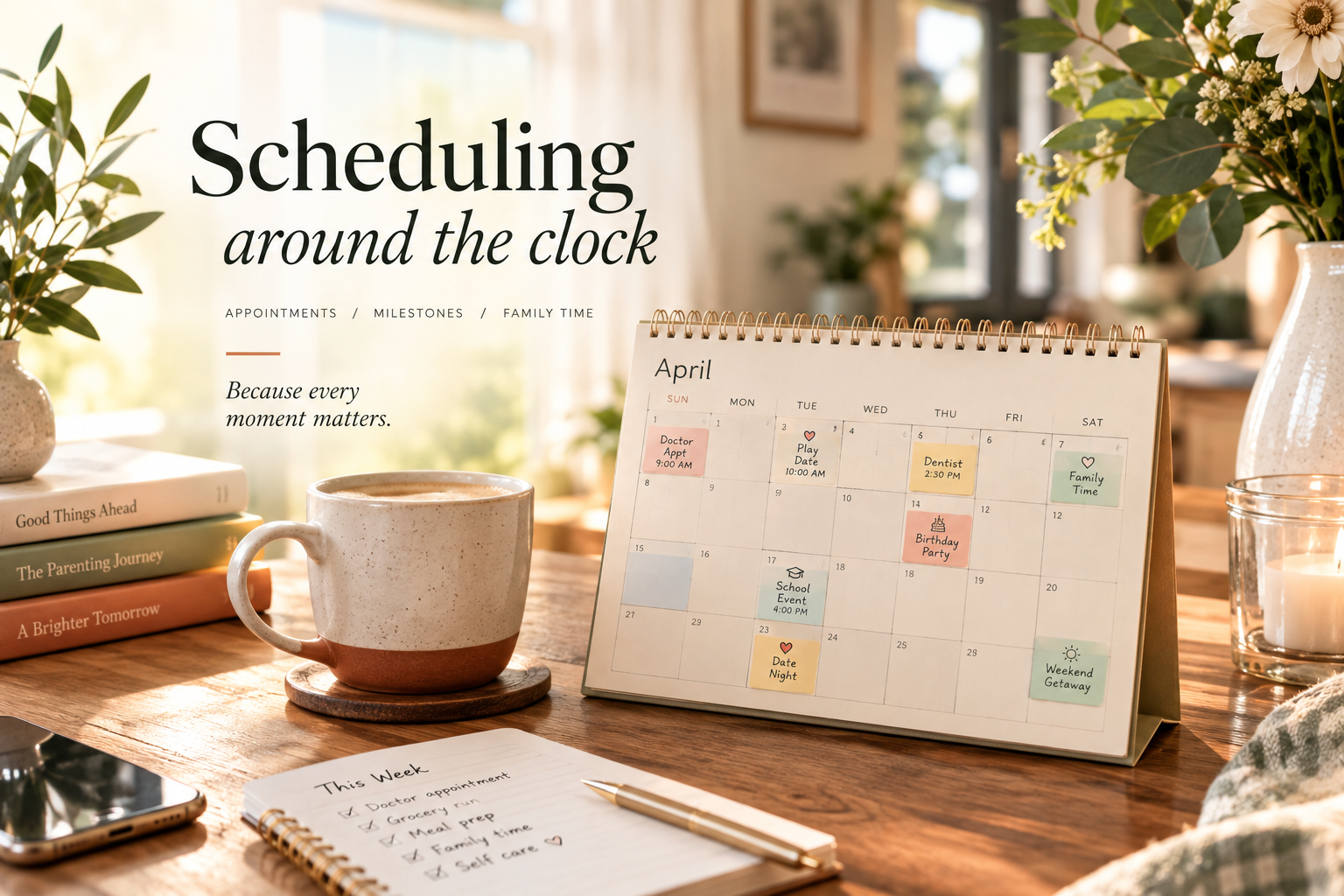 Desk calendar showing scheduled family events and appointments in a sunlit kitchen setting